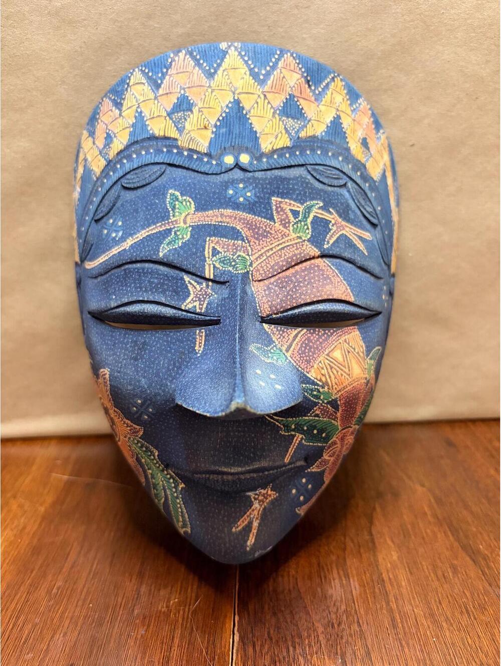 Vintage Hand Painted Blue Indonesian Wooden Mask